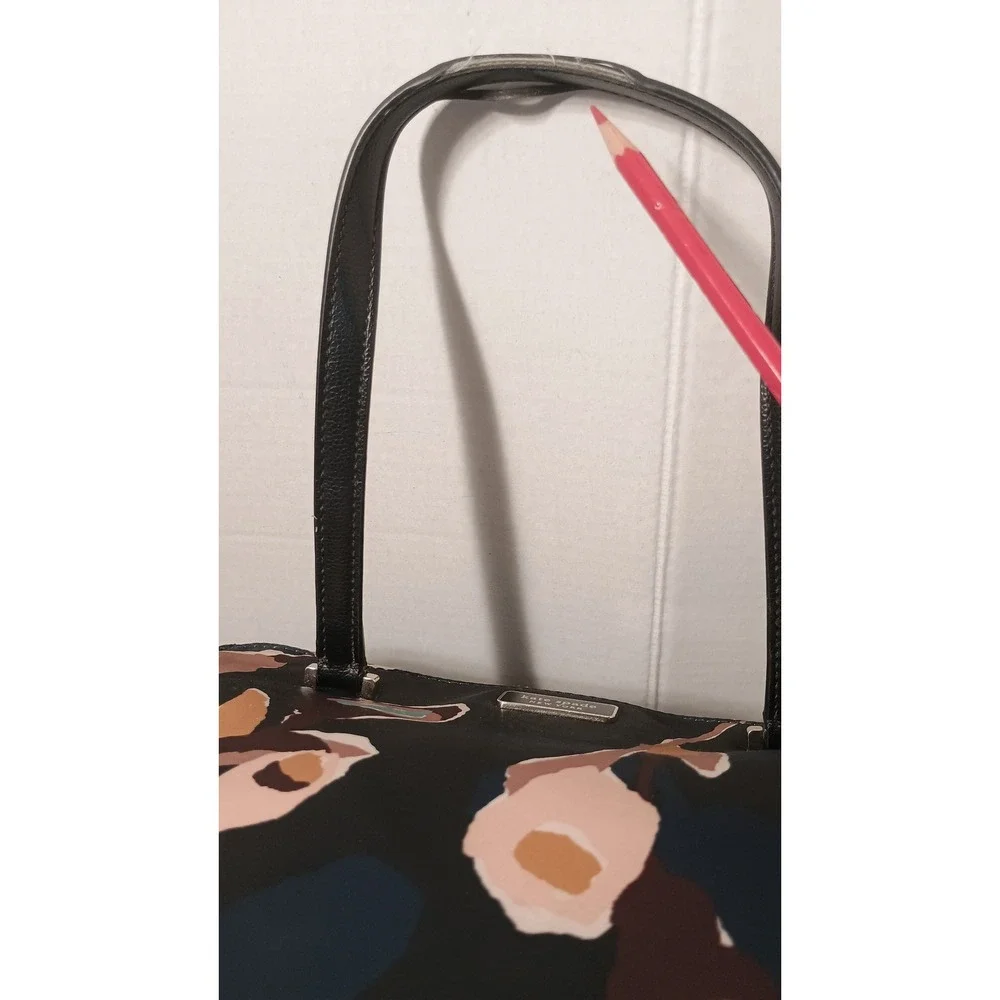 Kate Spade Tote Bag Womens Medium Black Good Floral Nylon Leather Trim Shoulder